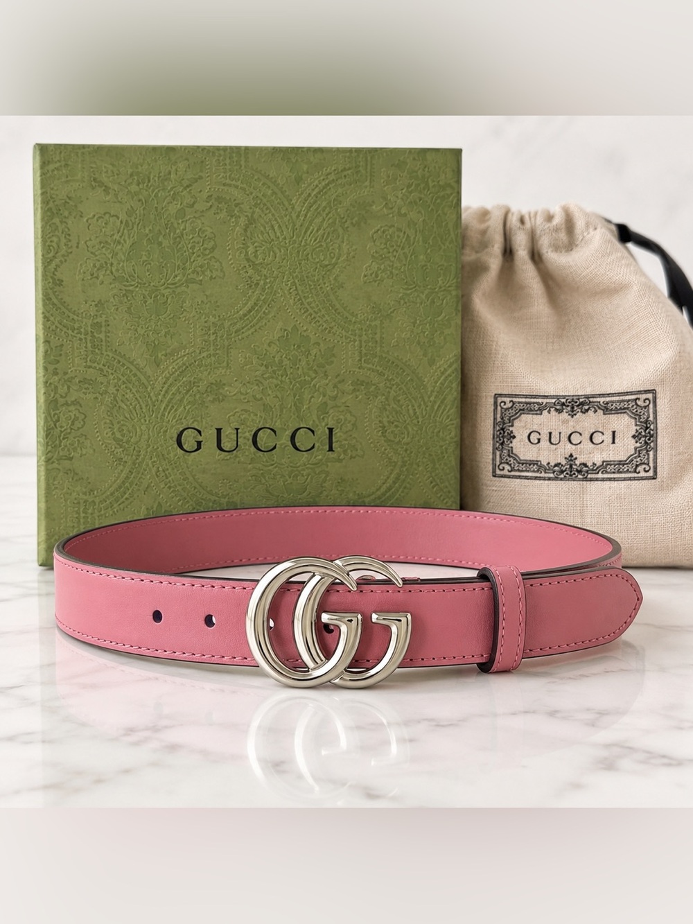 Gucci Girls Pink Leather Double G Belt Size S New